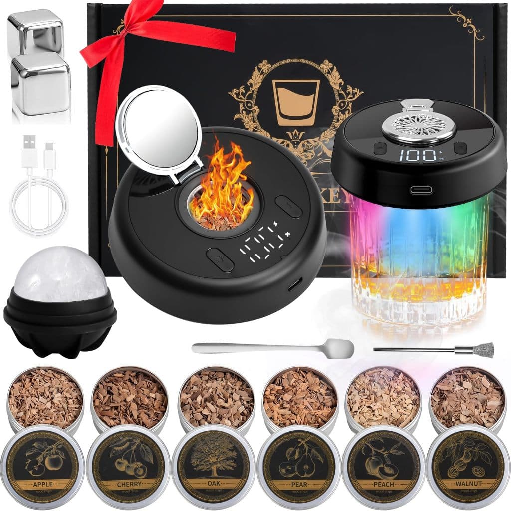Kit De Defumador De Uísque Elétricocom luzes de 7 cores,6 sabores de lascas de madeira,coqueteleira