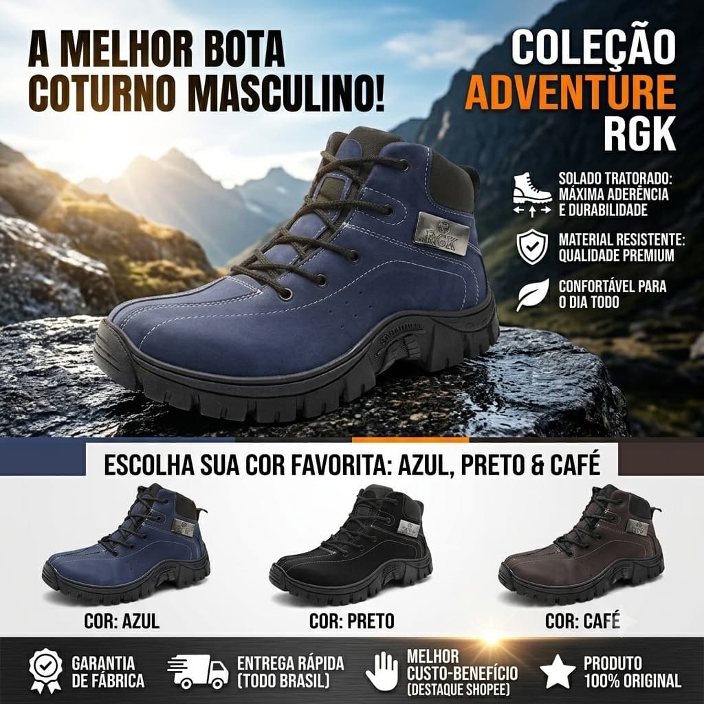 Bota Coturno Adventure Masculino Tênis Trilha Trabalho Cano Curto Macio Solado Tratorado Antiderrapante Leve RGK
