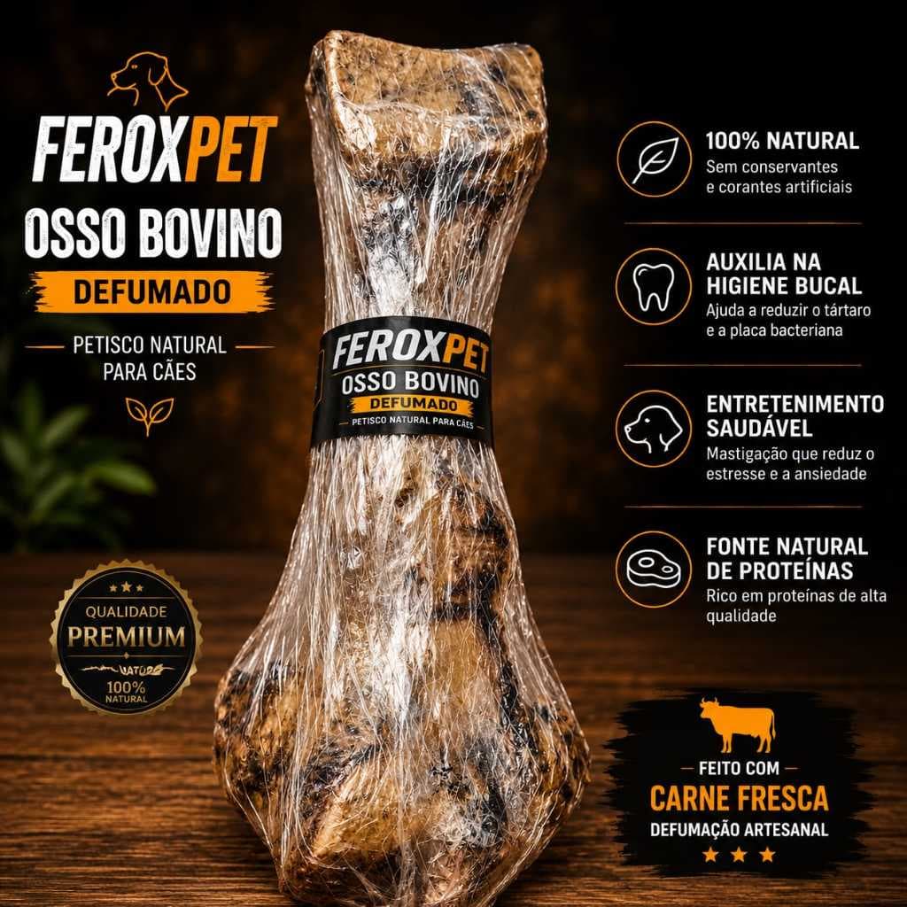 Osso Fêmur Bovino Defumado para Cães Natural Mordedor Pet 100% Natural Higiene Dental Rico em Proteínas FeroxPet