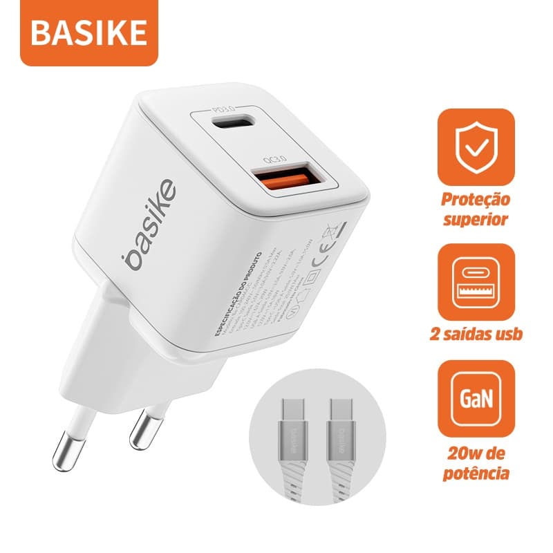 BASIKE Kit Carregador GaN 20W Turbo PD QC Duas Portas USB-A+USB-C Portátil Viagem+Cabo USB-C para iOS Xiaomi Samsung