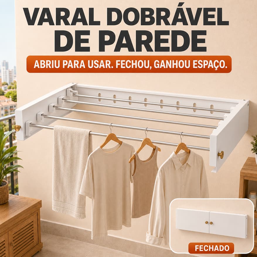 Varal de Parede Dobrável Retrátil 60cm com 5 Barras para Roupas, Banheiro, Lavanderia, Quarto e Varanda