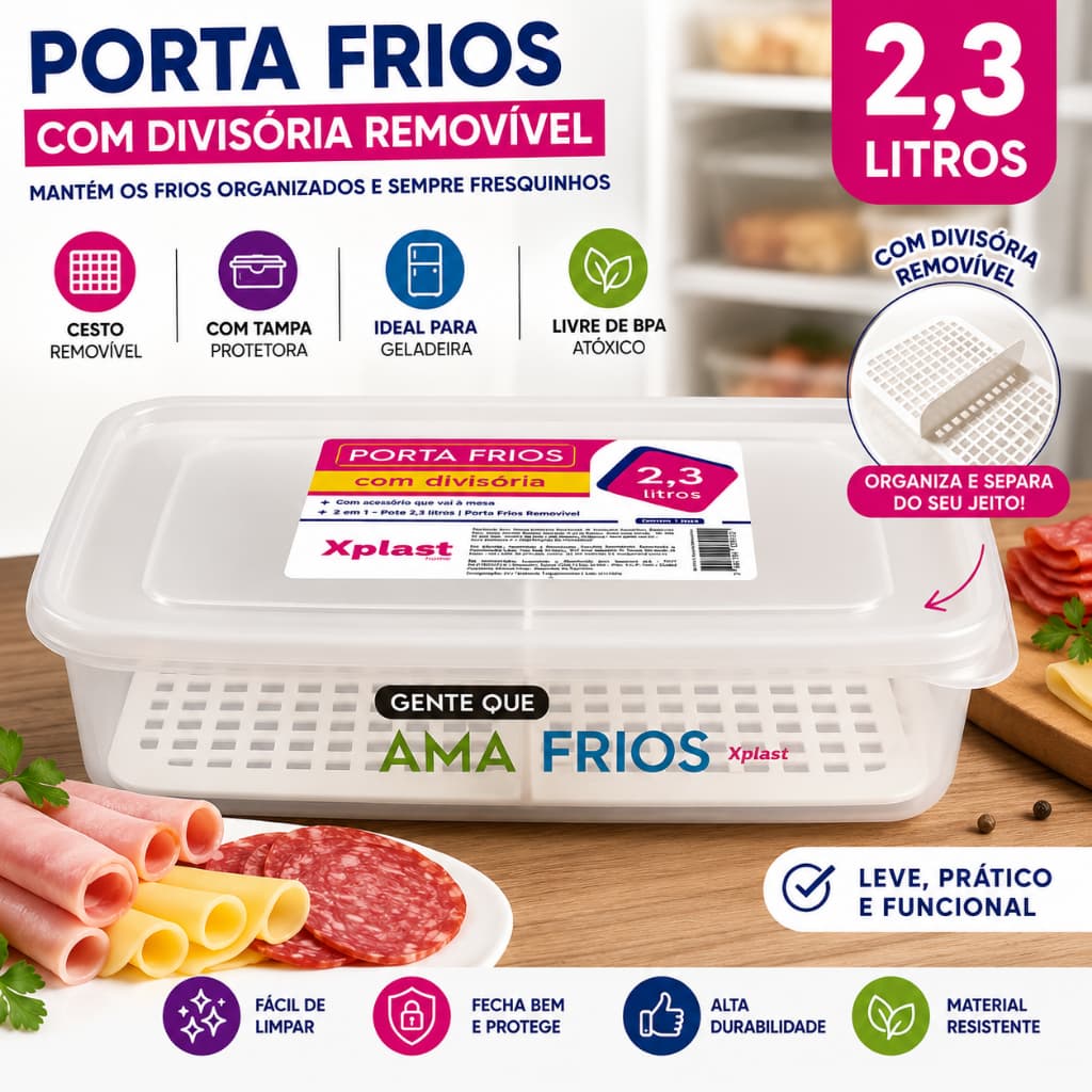 Porta Frios 2,3L com Tampa Cesto e Divisória Removível Organizador de Geladeira Xplast BPA Free