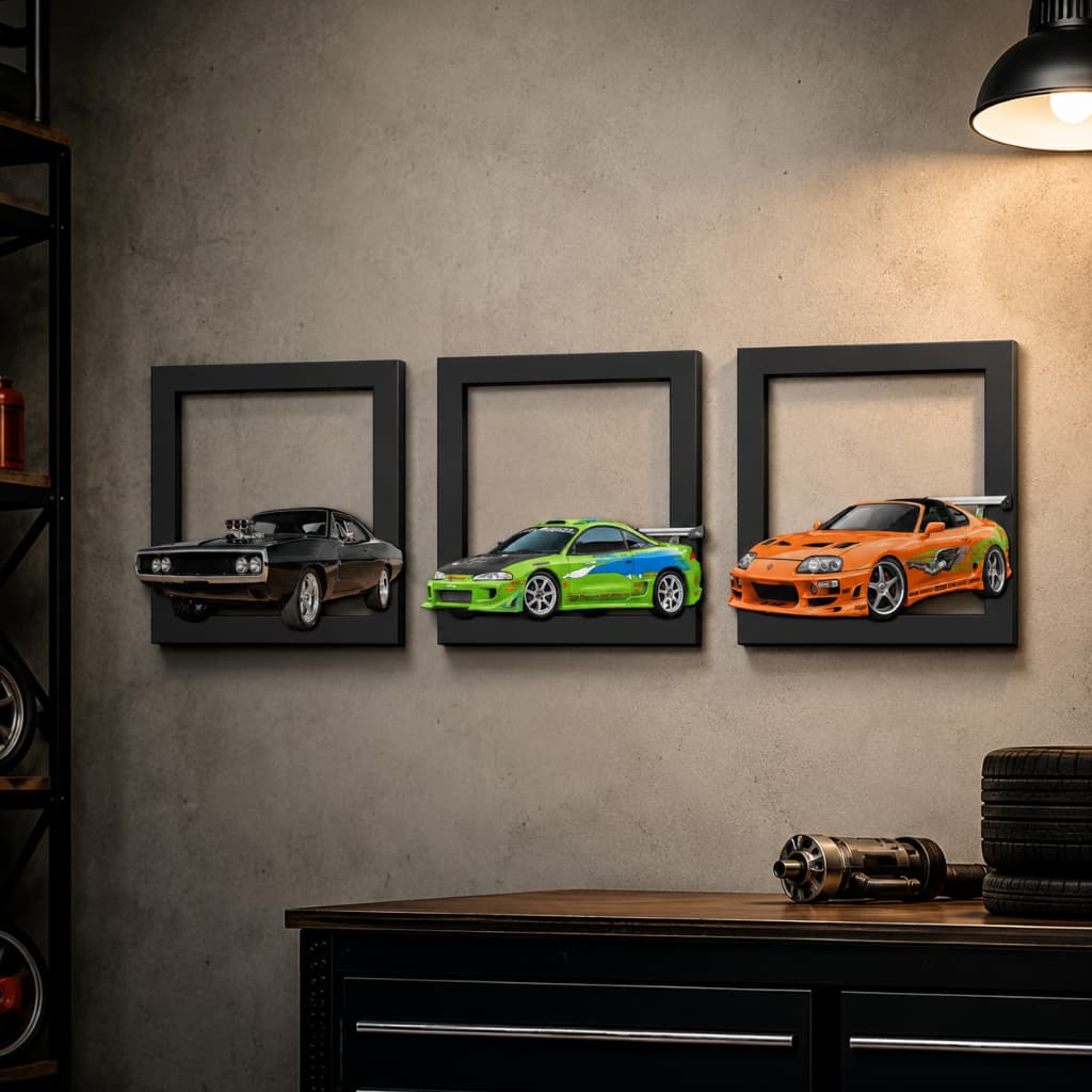 Kit 3 Quadros Velozes e Furiosos Supra Eclipse Dodge Carros 20x20 cm Decorativo