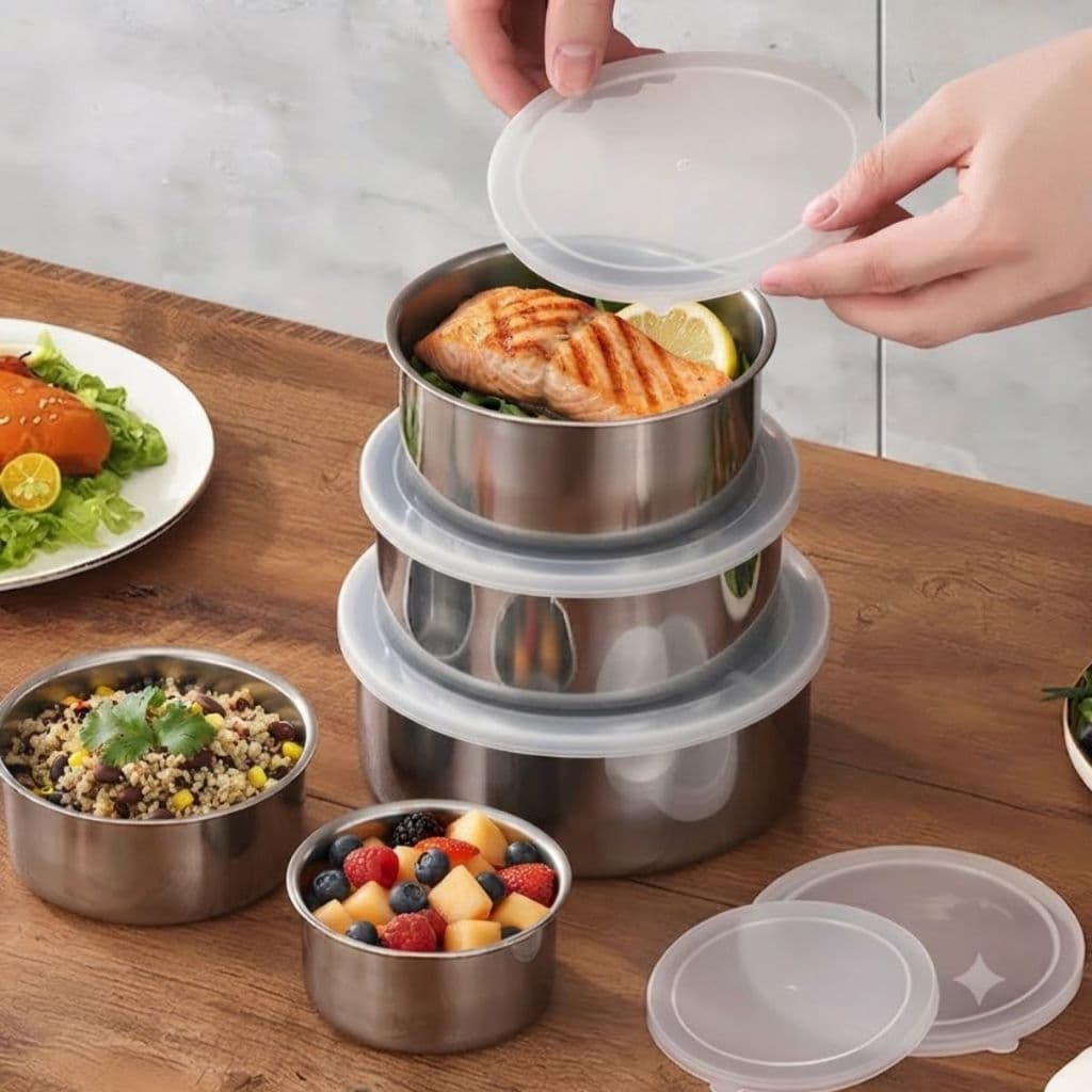 Kit 5 Potes Herméticos Redondos Inox Tampa Vedação Cozinha Alimentos Organizador Mantimentos Geladeira Armário Durável