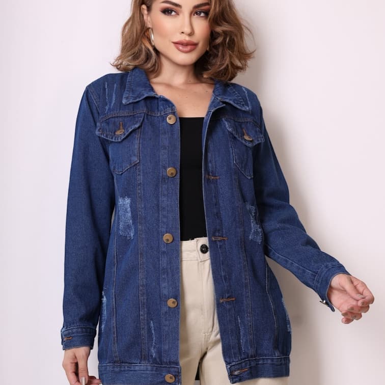 Jaqueta jeans longa rasgada com tela metálica | Jaqueta vintage com lavagem desgastada | Estilo utilitário moderno e est