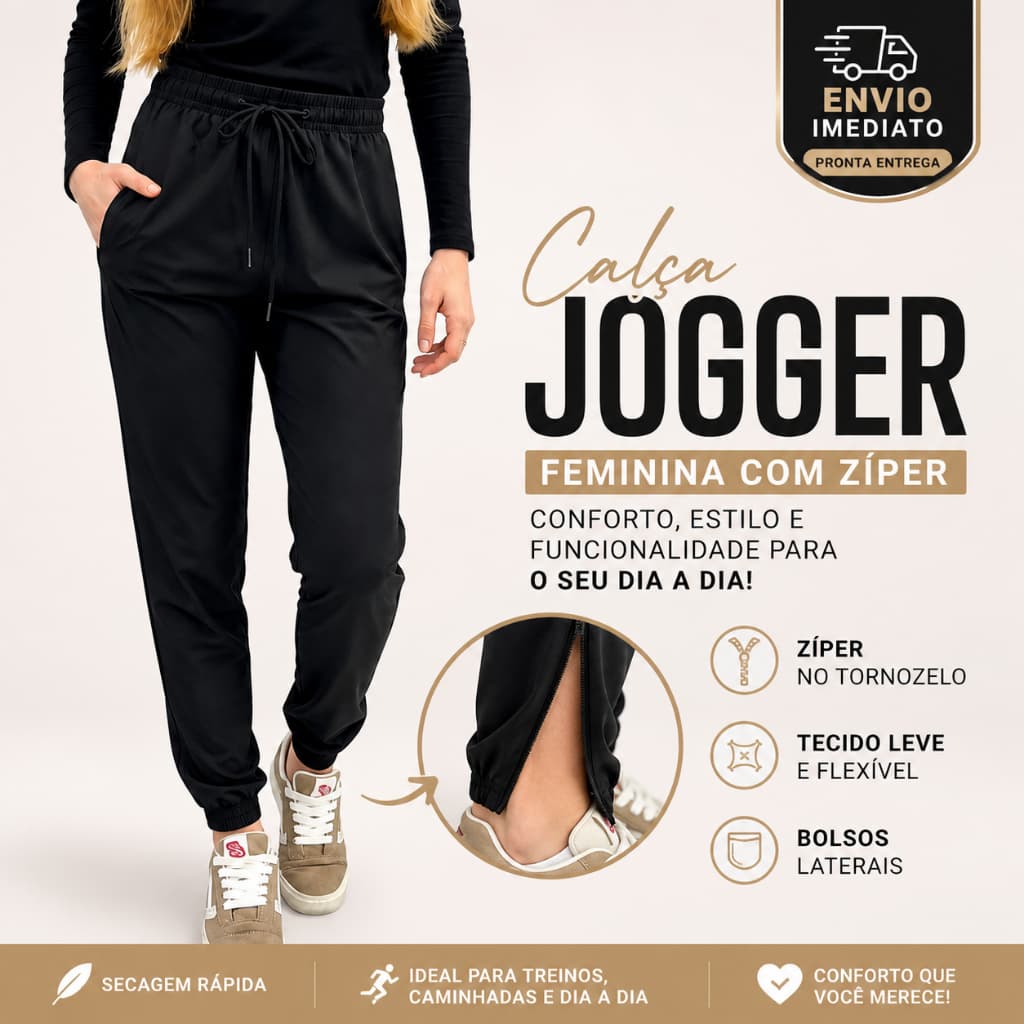 Calça Jogger Elastano Feminina Tactel Confortável com Zíper no Tornozelo