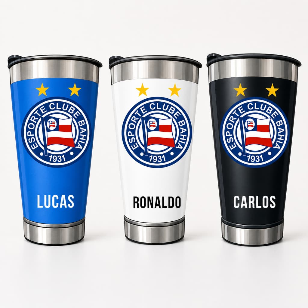 Copo Térmico Inox 473ml Personalizado Bahia – Nome + Escudo | Presente Dia dos Pais