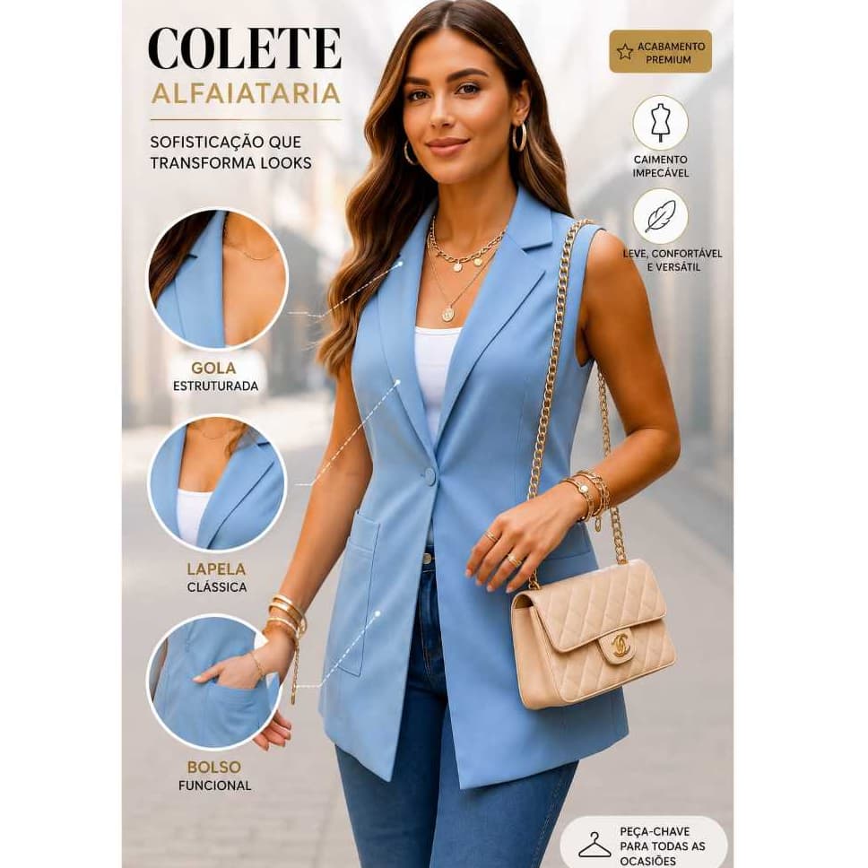 colete Max, tipo blazer, longo, feminino, alfaiataria com bolso, botao forrado, novedade