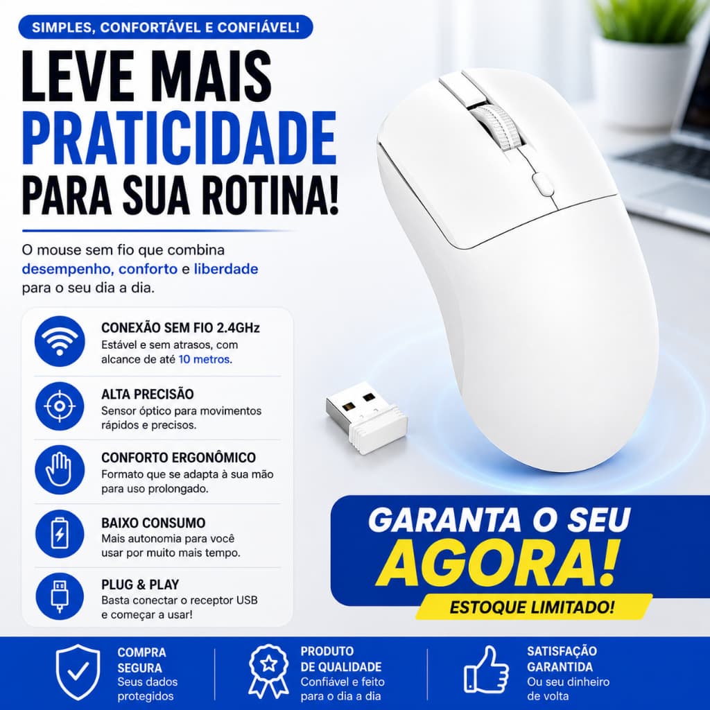 Mouse Sem Fio Branco 2.4GHz Óptico USB Ergonômico Para Notebook PC Windows Mac Linux NMS-007