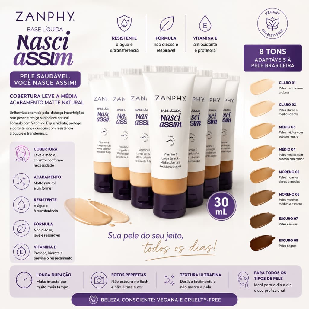 Base Líquida Matte 30ml Resistente à Água Vitamina E Vegana Cobertura Leve e Média 8 Tons Zanphy