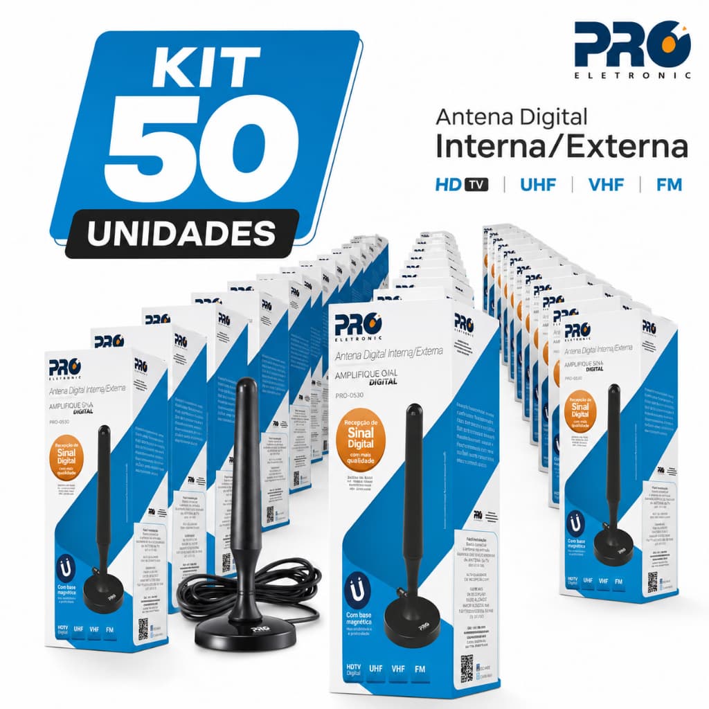 Kit 50 Antenas Digitais Pequenas Proeletronic PROHD-2400 Interna / Externa com base magnética Atacado Logista