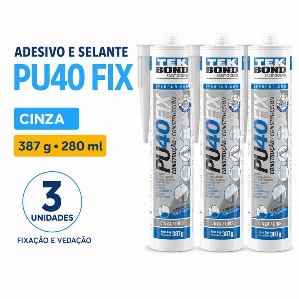Kit 3 Adesivo Selante Silicone Cinza PU40 FIX Tekbond 387g 280ml
