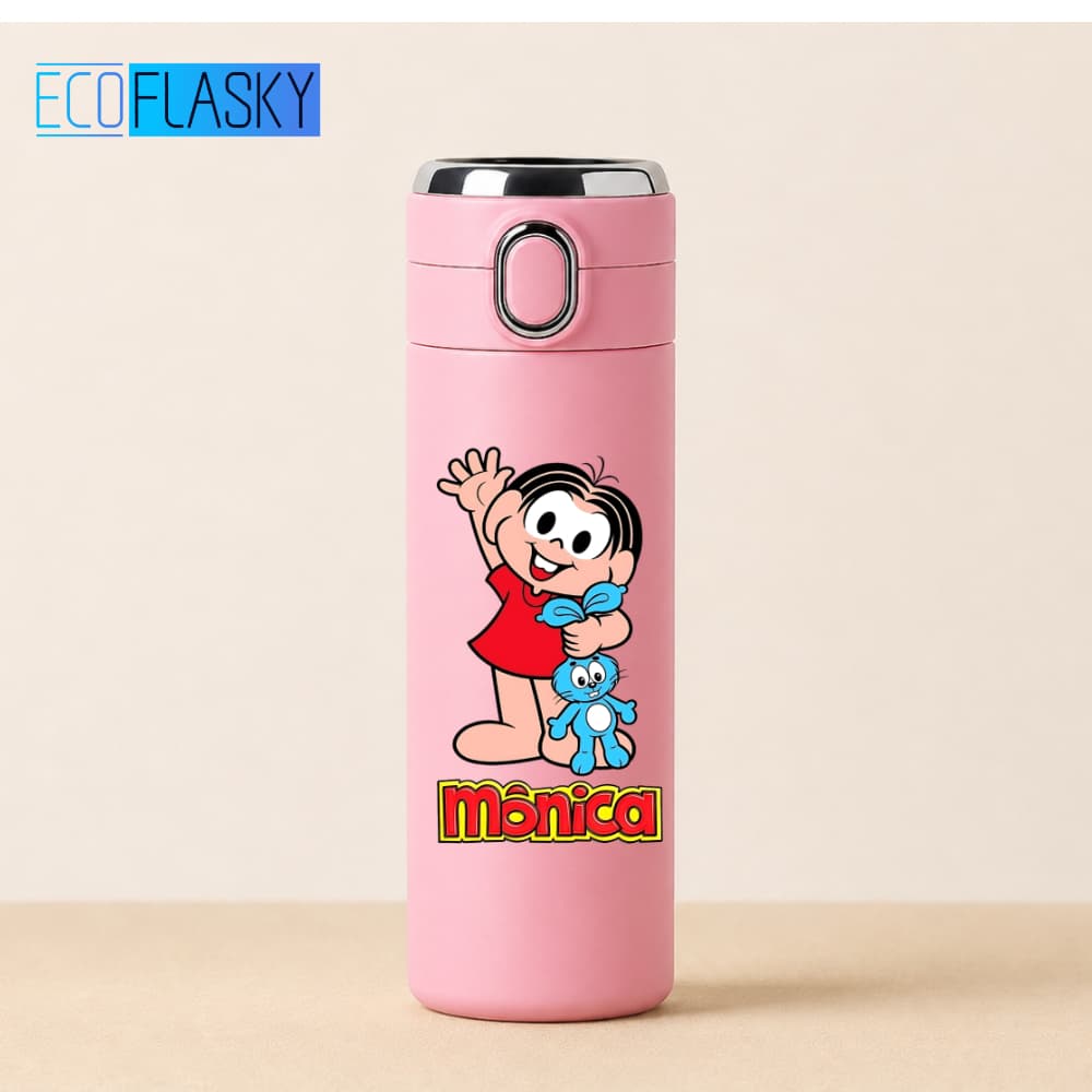 Garrafa Térmica Infantil Aço Inoxidável Turma da Mônica com Termometro LED Digital 420ml Estampada