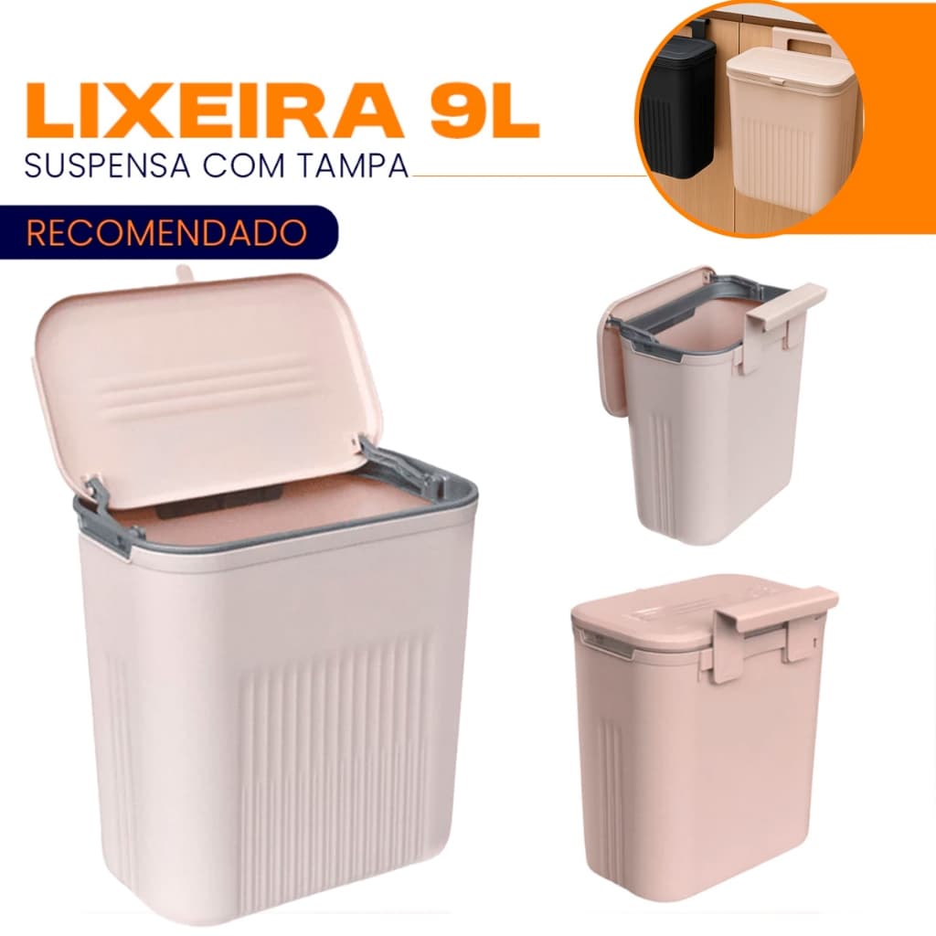 Lixeira 9 Litros Suspensa Rose Cesto de Lixo Para Banheiro Cozinha Escritório Quarto