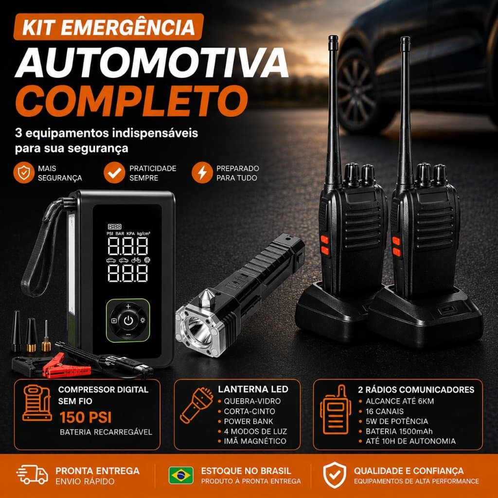 Kit Emergência Automotiva Compressor Ar Digital Sem Fio 150 PSI Rádio Comunicador Longa Distancia Sem Fio Lanterna LED