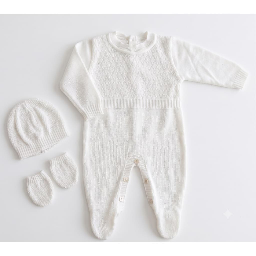 Kit Saída Maternidade Branco Trico 4 peças menino e menina  com Macacão, Manta, Touca e Luva de Tricot Premium para Bebe