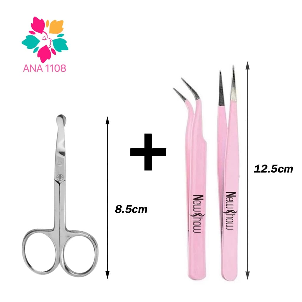 Kit Tesoura Tesourinha Sobrancelhas+ pinças de precisão (Pinça curva + Pinça reta) para extensão de cílios