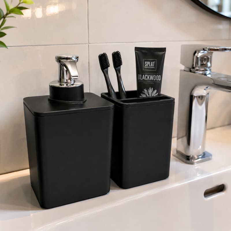 Kit Banheiro 2 Peças Porta Sabonete Líquido e Porta Escova de Dentes Plástico Preto Moderno