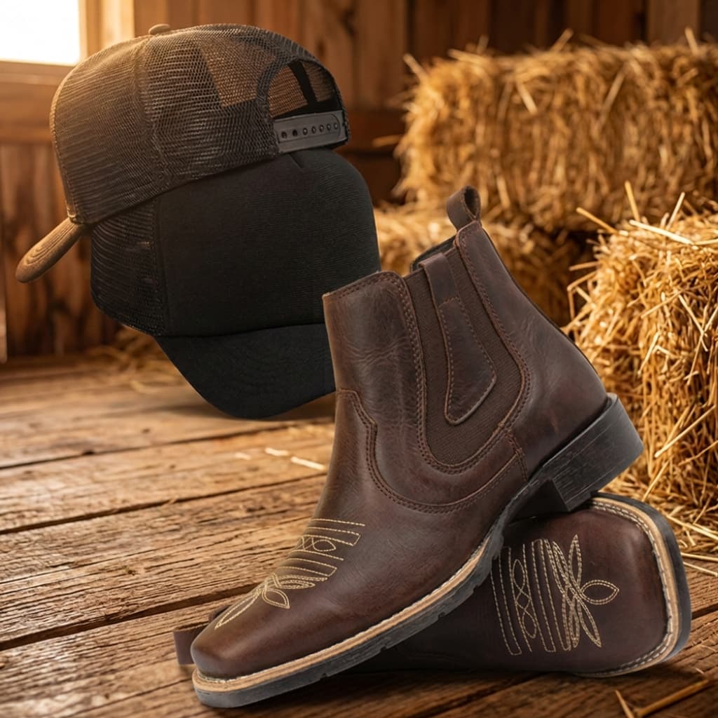 Kit Bota Maculina Country Texas Agroboy Preta Cano Baixo Mais Boné Estiloso Preto