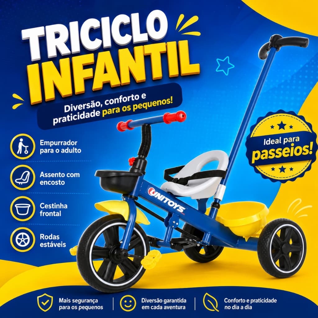 Triciclo Infantil Azul com Empurrador Dirigível Cadeirinha Cinto Cestinha e Pedal +3 Anos