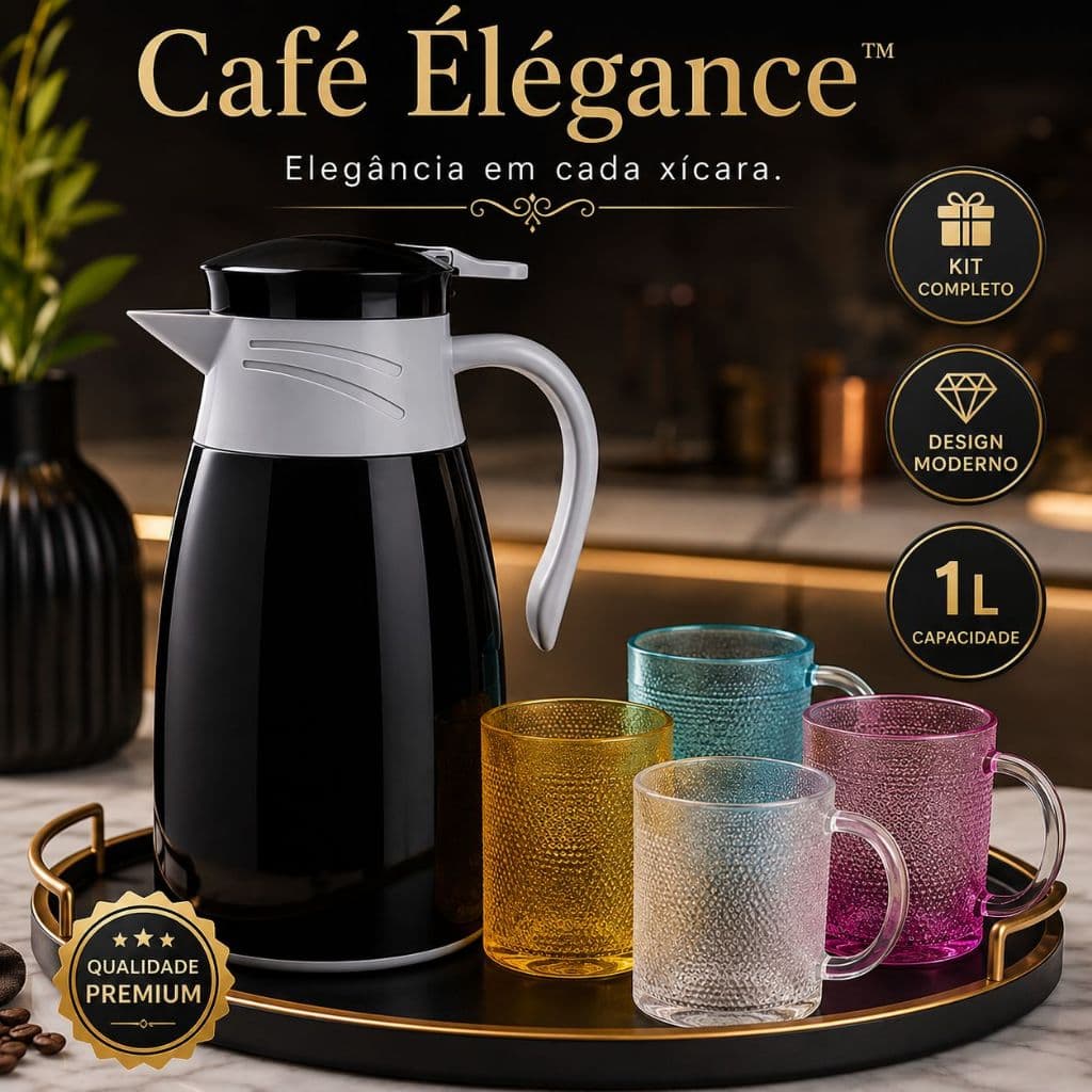 Garrafa Térmica 1 Litro com 4 Canecas 190ml Preta Mantém Café Quente Design Moderno Café Élégance
