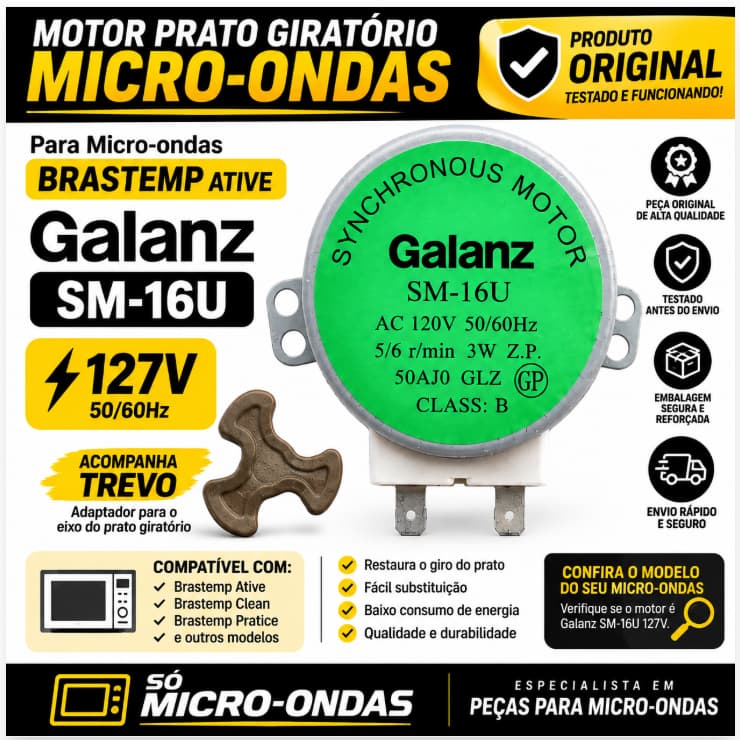 Motor Prato Micro-ondas Galanz SM-16U 127V Original Brastemp Ative com Trevo