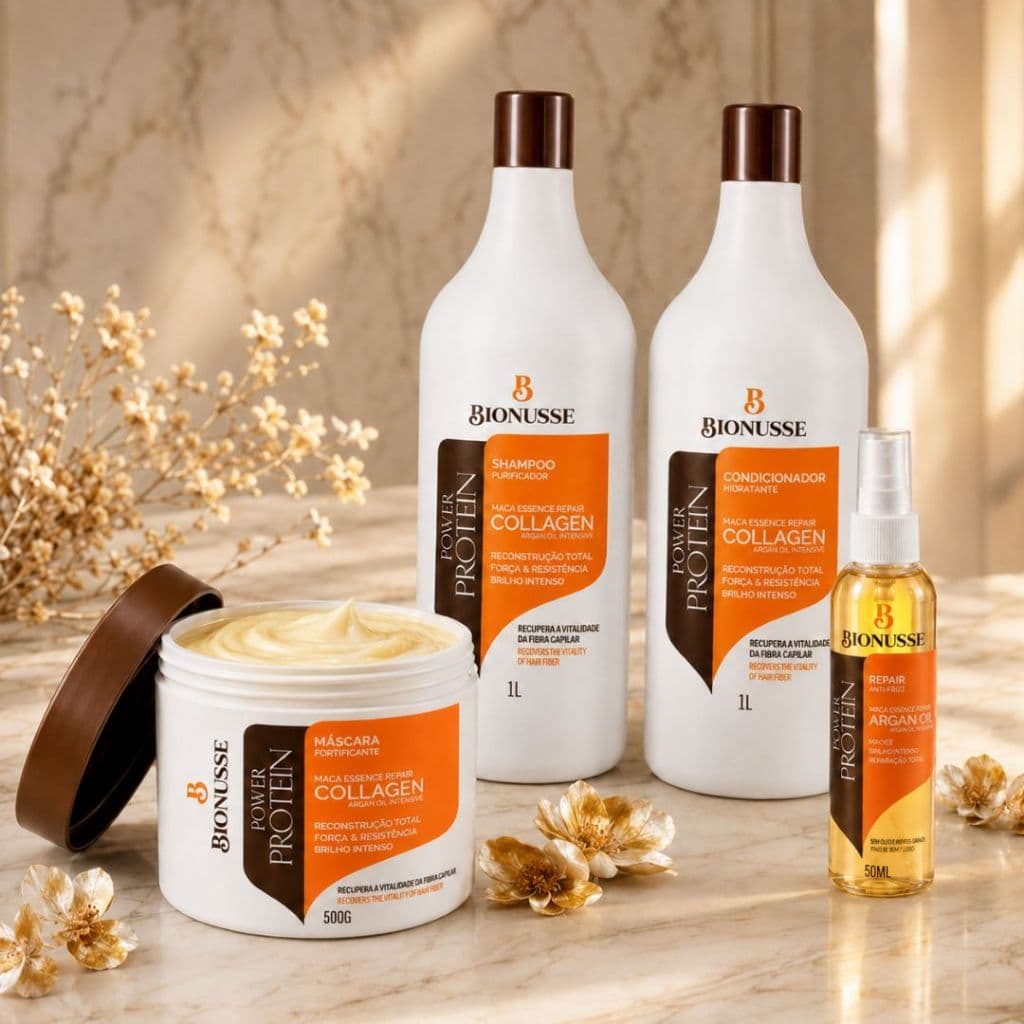 Shampoo e Condicionador 1Litro -Máscara Collagen Argan Maca Essence 500g -Óleo Reparador 60ml