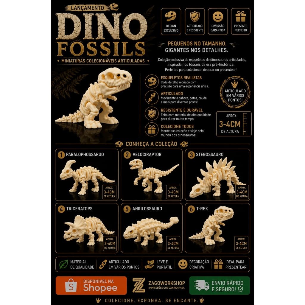 🦴 Dino Fossils – Miniaturas Colecionáveis Articuladas | Impressão 3D em PLA