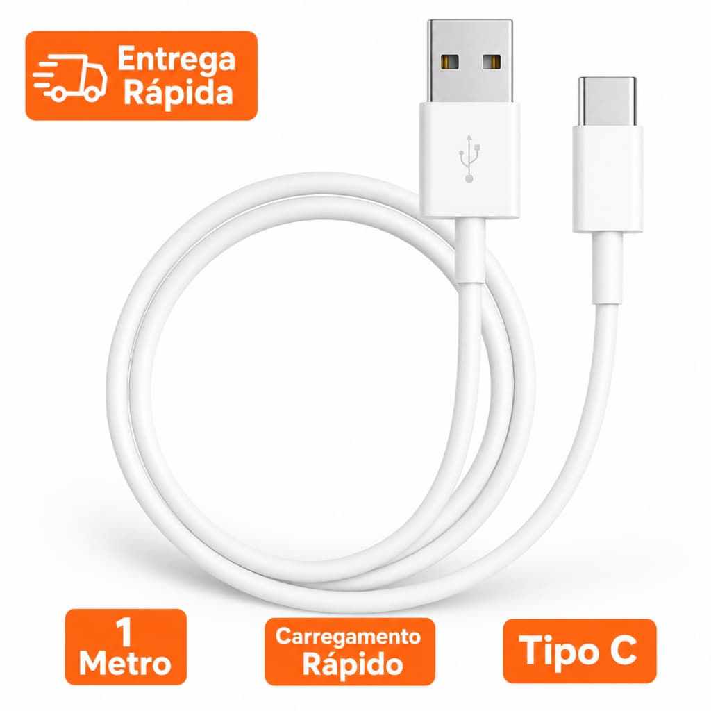 Cabo USB Tipo C Reforçado 1 Metro Carregamento Rápido Turbo Android IOS Compatível iPhone 15 Ao 17