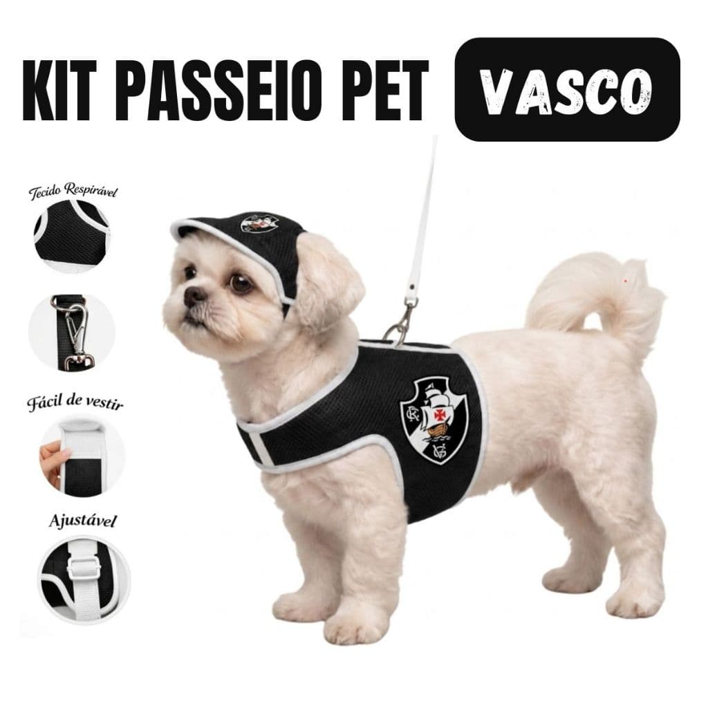 Kit Vasco Colete Peitoral cachorros e gatos Time de Futebol vasco da gama com Guia 1 Metro