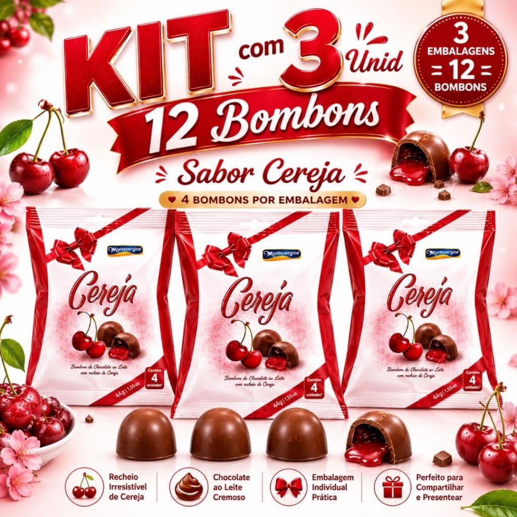 Kit 3 pacote 44g und Bombom Cereja Licor Chocolate ao Leite Montevérgine