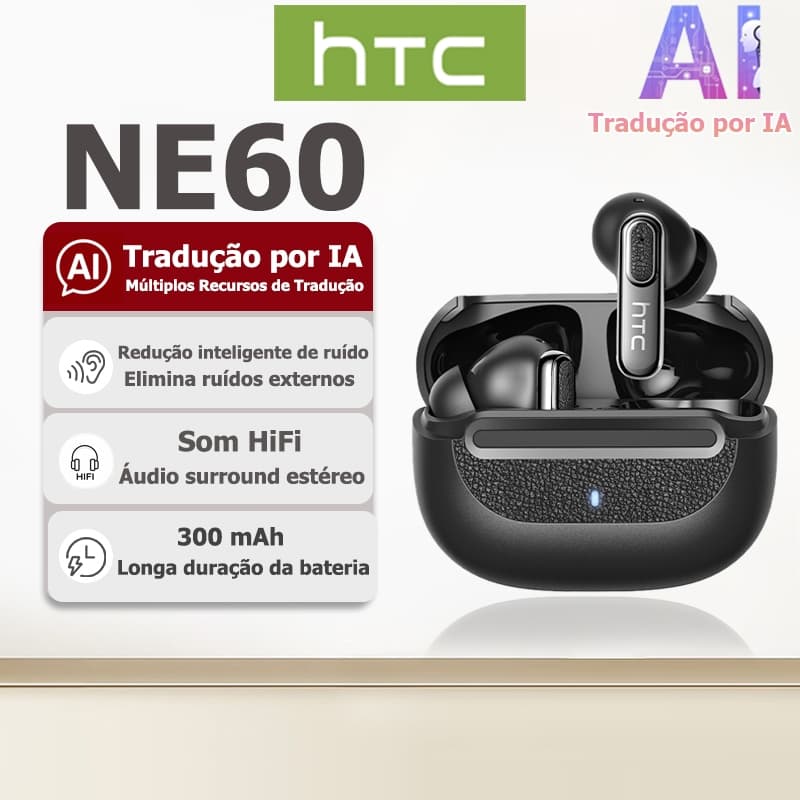 Fone Bluetooth HTC NE60 com tradução por IA, fone sem fio estilo executivo em couro, Bluetooth 6.0, som HiFi, resistente
