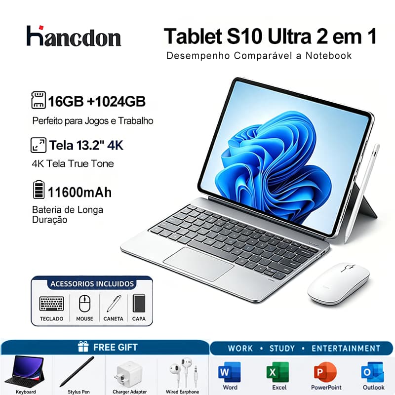 Hancdon Tab S10 Ultra 2 em 1 | Tela 13.2" 120Hz FHD+ | 16GB RAM + 1TB ROM | 5G | Bateria 11600 mAh Envio Rápido