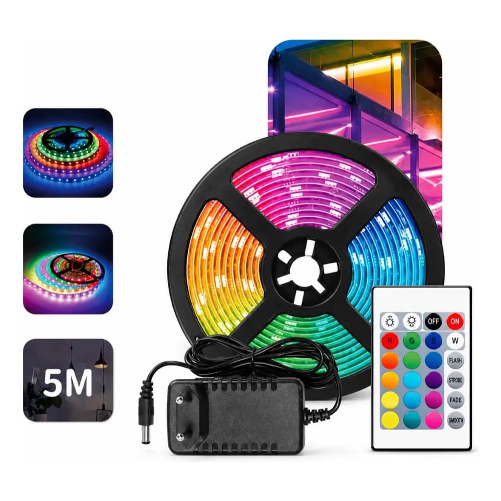 Fita de LED RGB IP65, 5 metros, 300 LEDs, 12 V, com controle remoto e fonte de alimentação: brilho versátil - 110 V a 22
