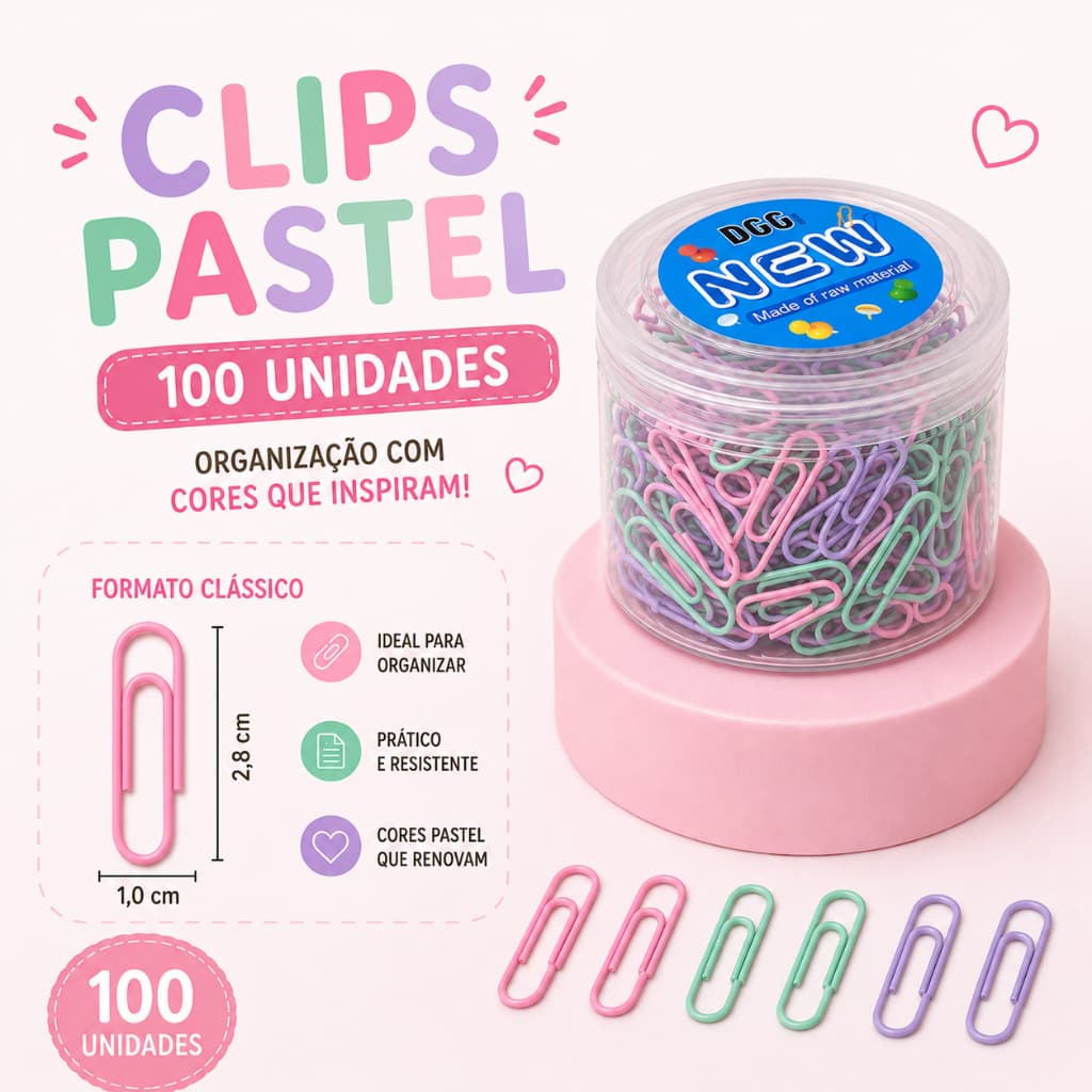 Pote de Clips Cor Pastel 100 Unidades Papel Documentos Papelaria Escritório Escolar Clips Coloridos
