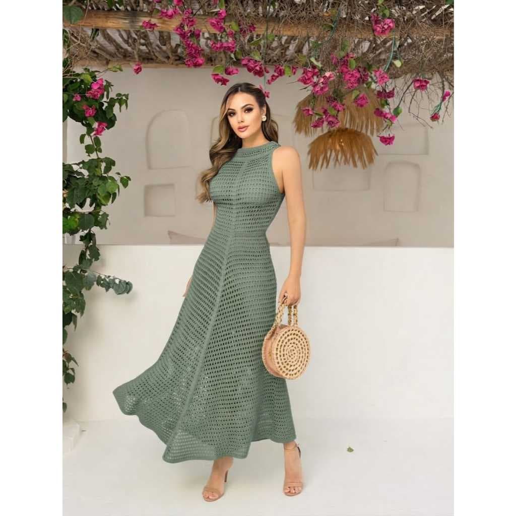 Vestido feminino telinha vazado moda blogueira com forro trico tendência tendencia Verão Lançamento