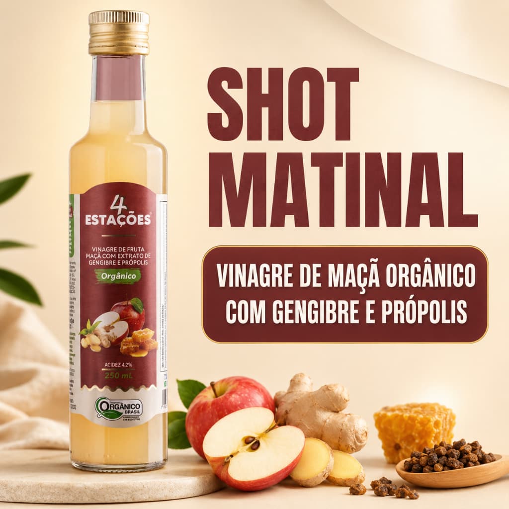 Vinagre de Maça Orgânico com Extrato de Gengibre e Própolis 4 Estações 250ml