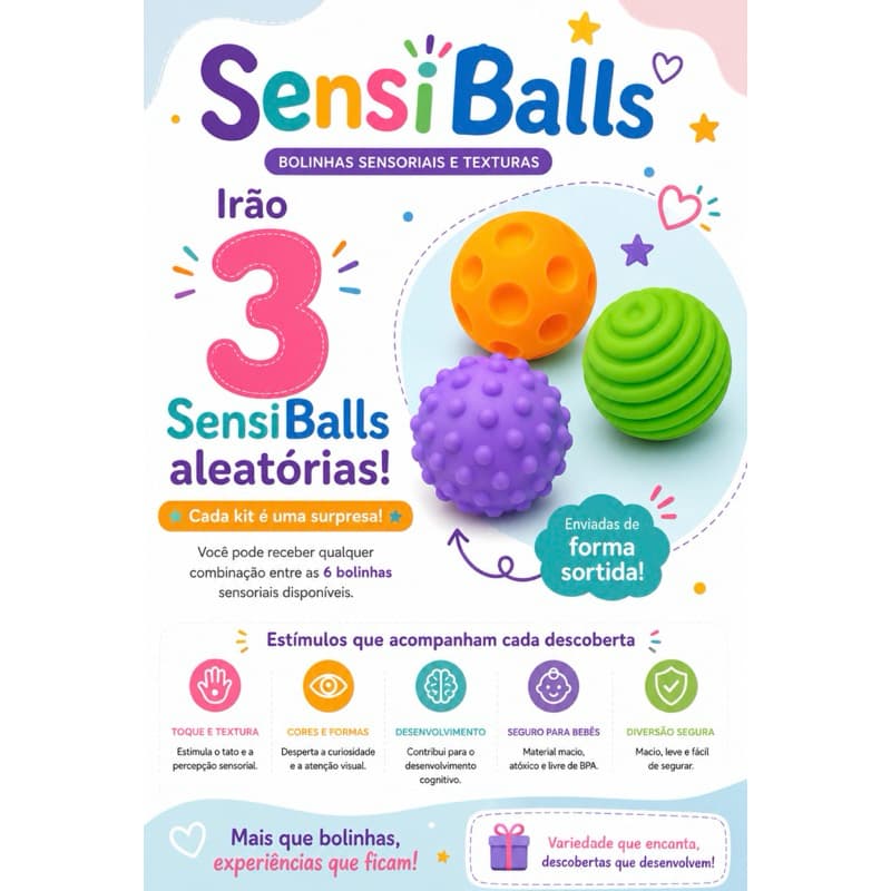 Kit 3 Bolas Sensoriais Aleatórias para Bebê SensiBalls com Texturas e Cores Sortidas