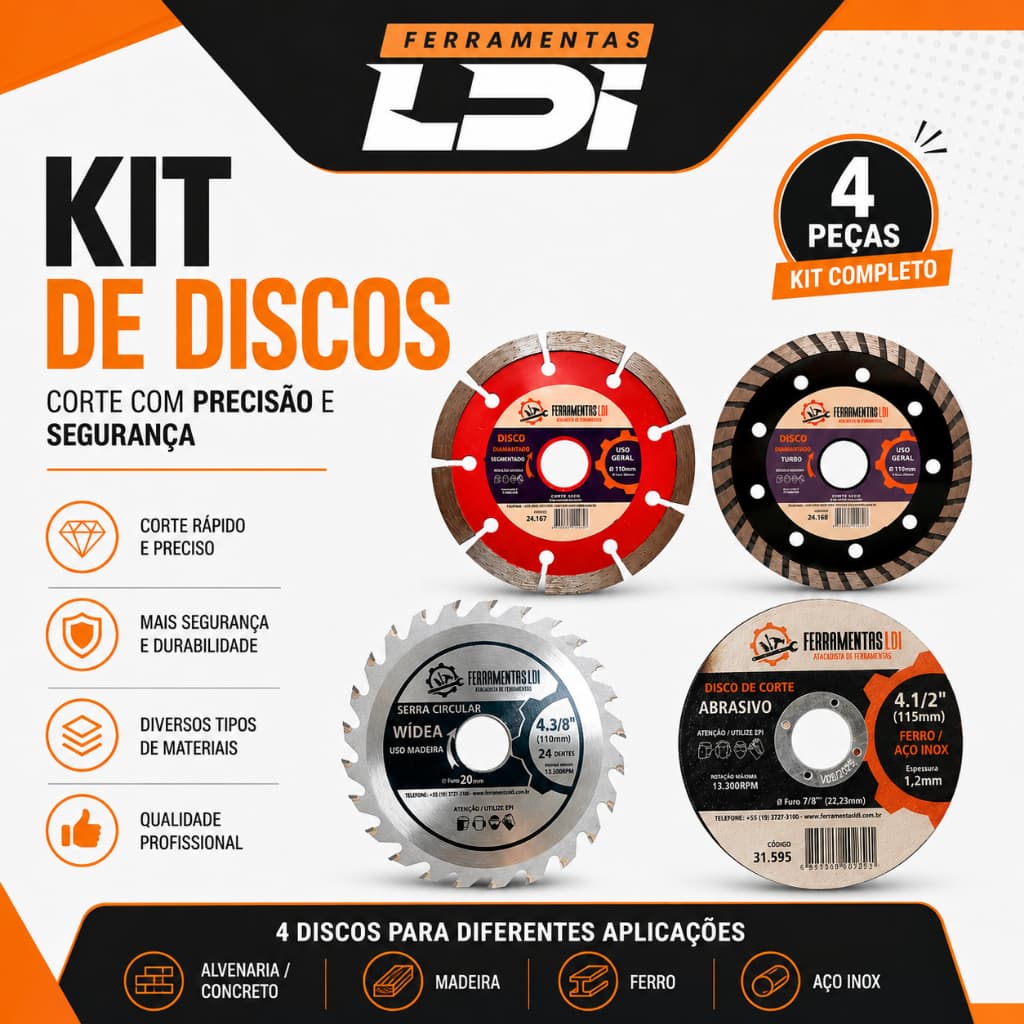 Kit 4 Discos de Corte 110 X 20mm 1 Turbo + 1 Segmentado + 1 Serra 24 Dentes + 1 Disco Corte Ferro