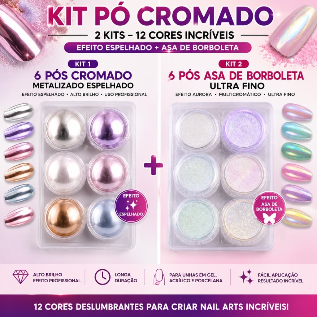 Kit Pó Cromado Asa de Borboleta 6 Cores + 6 Pó Cromado efeito espelhado / metalizado