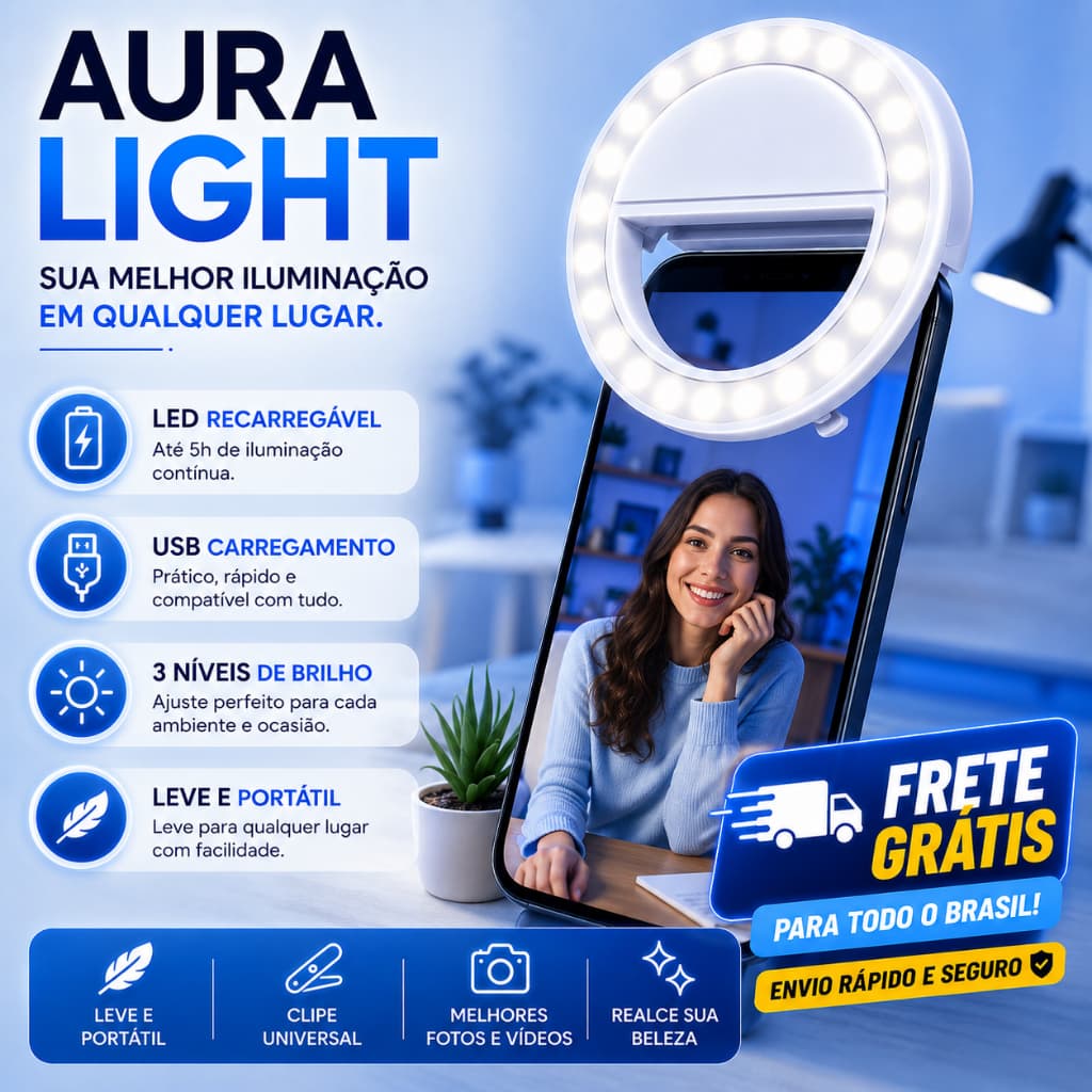 Ring Light Clip LED para Celular Selfie Flash Mini Recarregável USB Aura Light