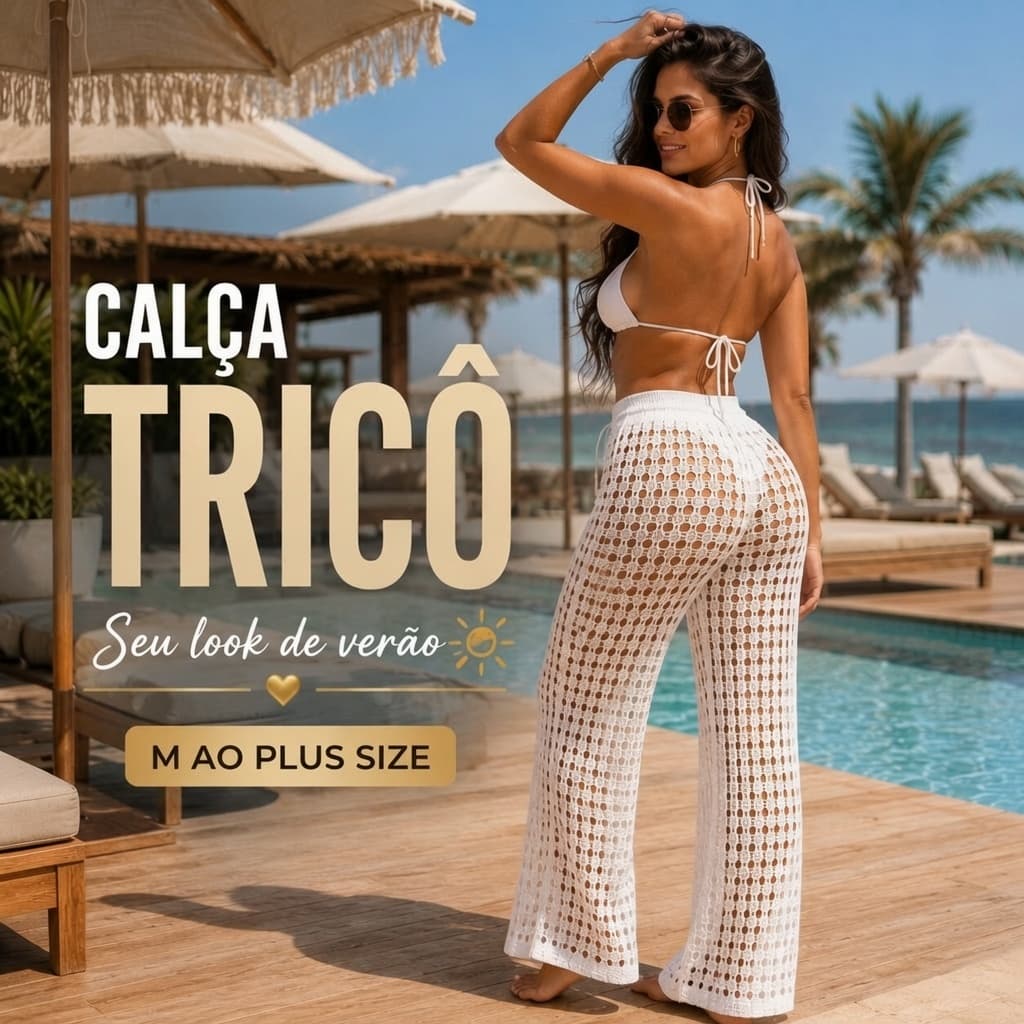 Saida de Praia Tricot Calça Tamanho Unico com Cordão Pantalona Moda Praia Piscina Plus Size 36 ao 48
