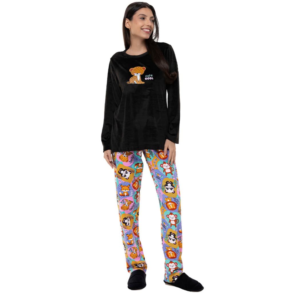 Pijama Feminino Longo Manga Longa Blusa Plush Calça Estampada Bichinhos Conjunto Quentinho de Inverno