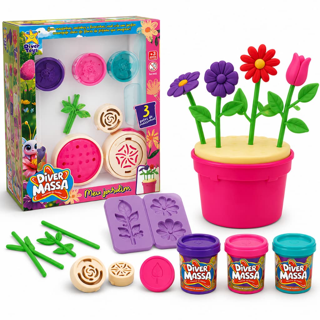 Massinha de Modelar Infantil Kit Meu Jardim Com Vasinho Moldes Forminha Potes de Massa Soft Flores 3 Potes Multi Cores