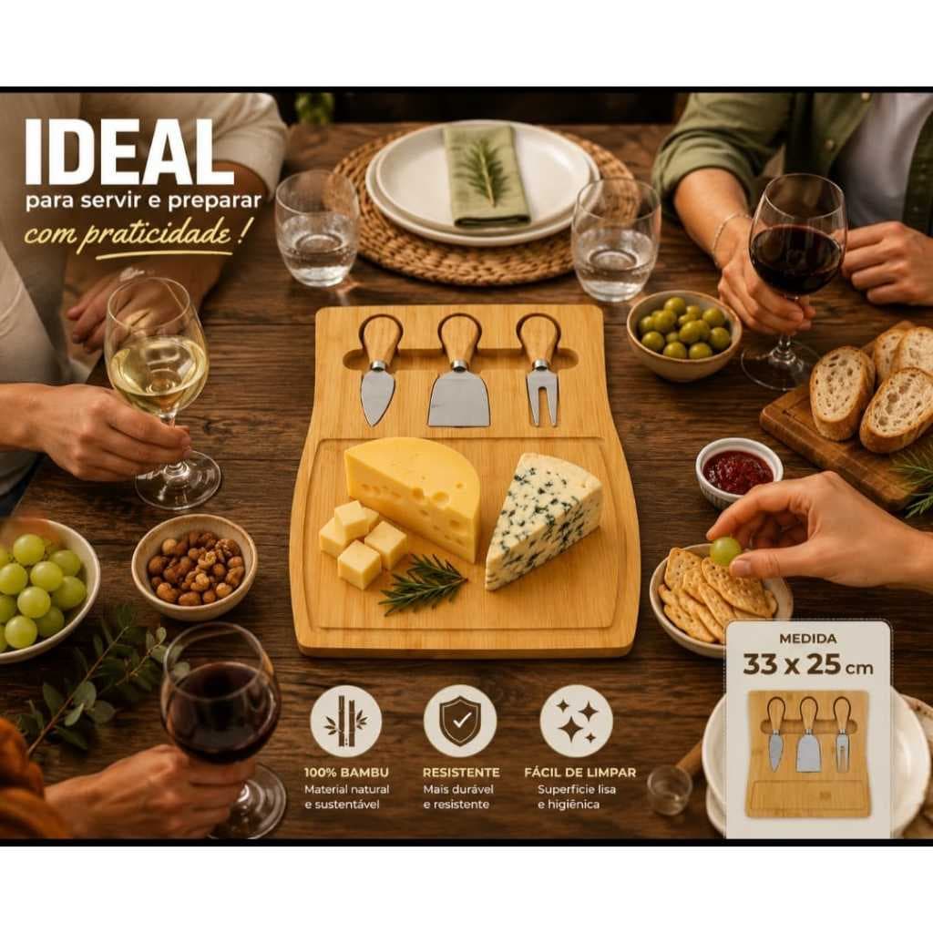 Tábua De Frios Com Kit De Utensílios De Bambu Queijo Petisco
