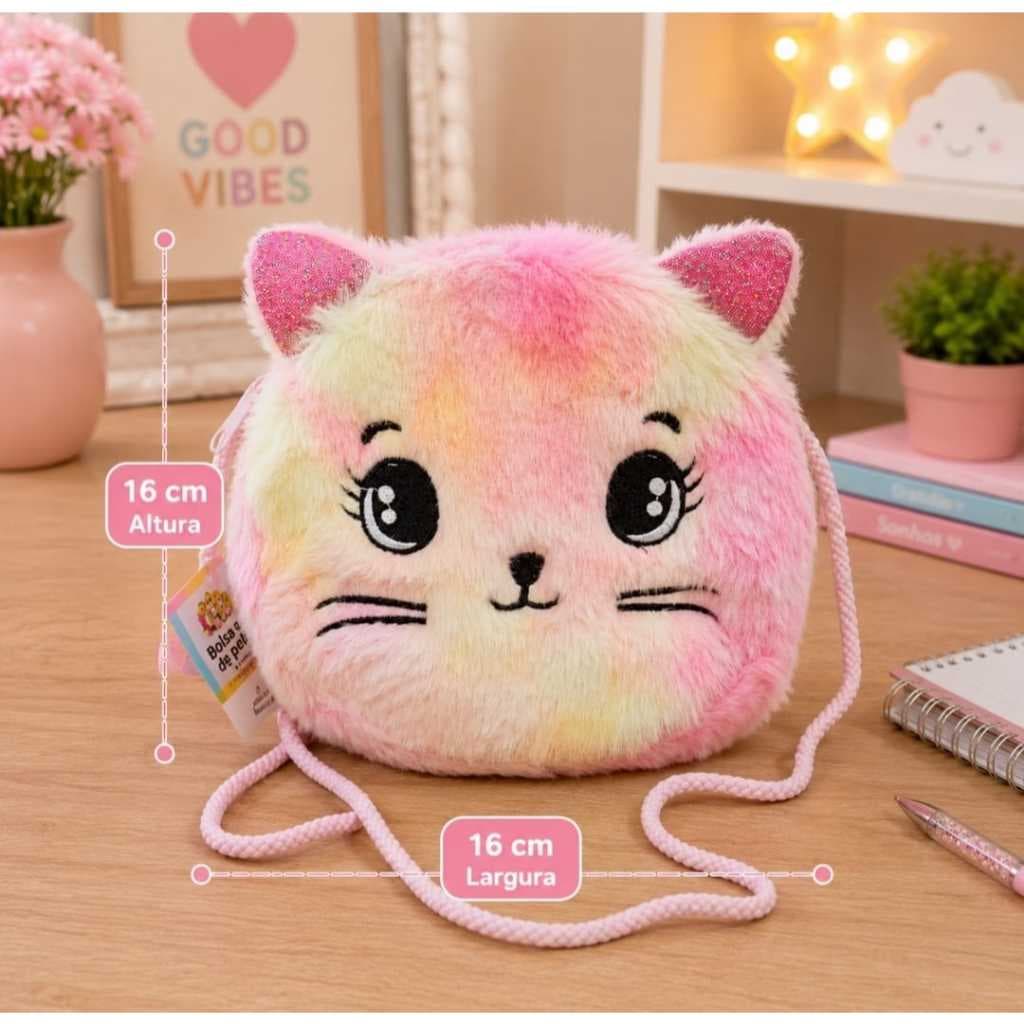 Bolsa Infantil Pelúcia Bordada transversal 16 Cm Com Zíper  Forrada Gatinho Fofo Meninas.