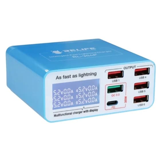 Carregador Inteligente RELIFE RL-304P 6 Portas USB + USB-C PD Display Digital QC 3.0 40W