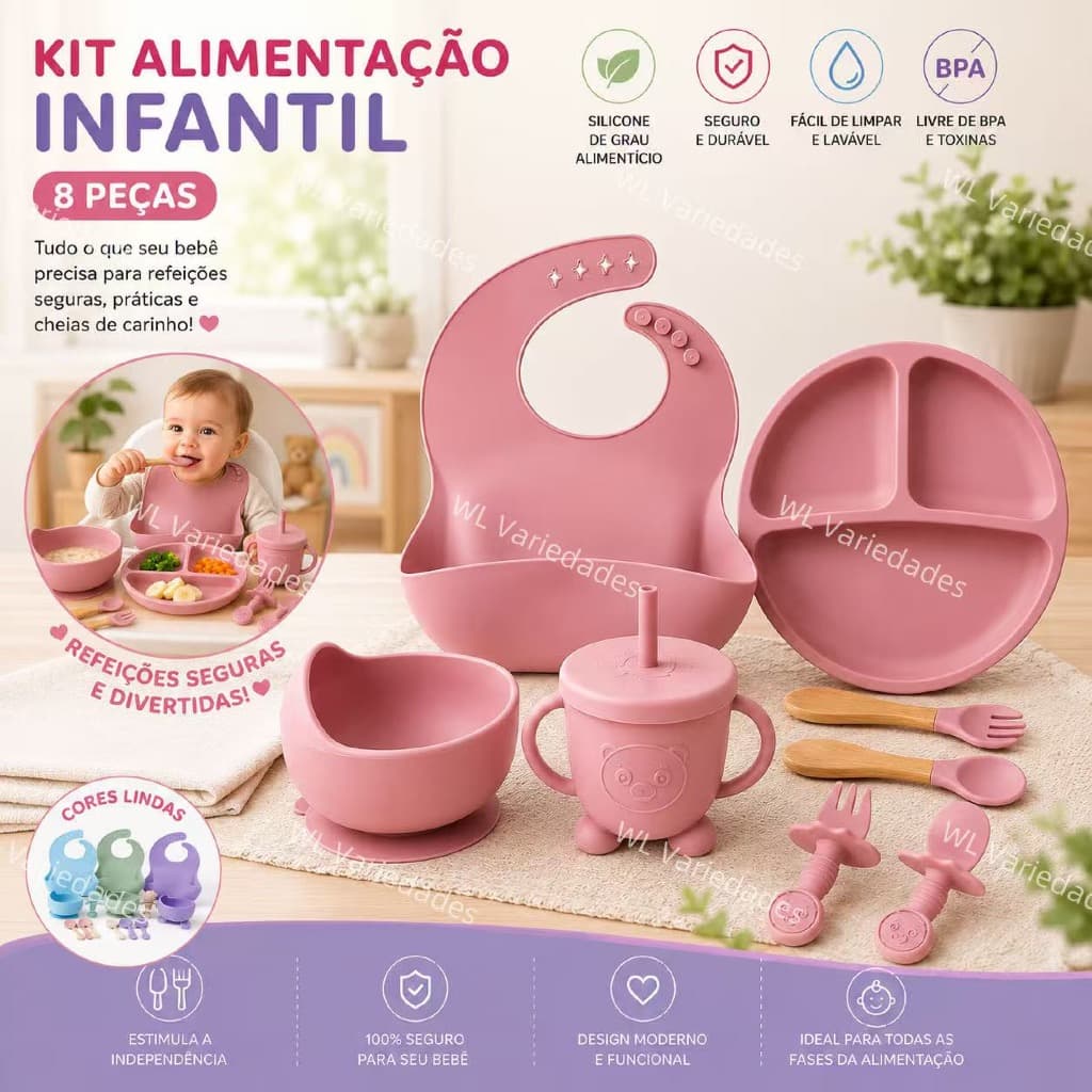 Kit Alimentação Infantil em Silicone 8 Peças Prato c/ Sucção Tigela Babador Copo Talher Livre de BPA