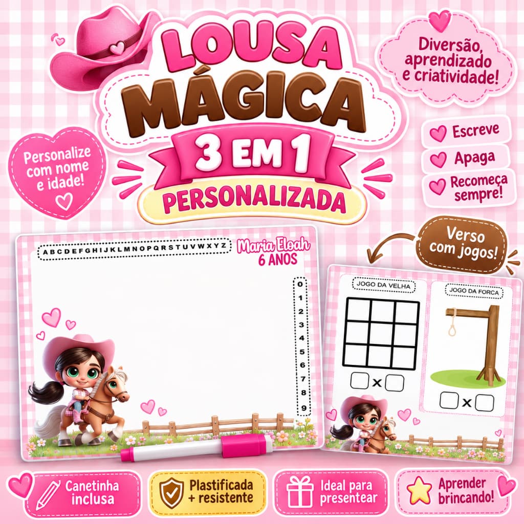 Lousa Mágica 3 em 1 Personalizada | Lembrancinha Festa Infantil com Nome e Idade |  Fazemos todos os temas