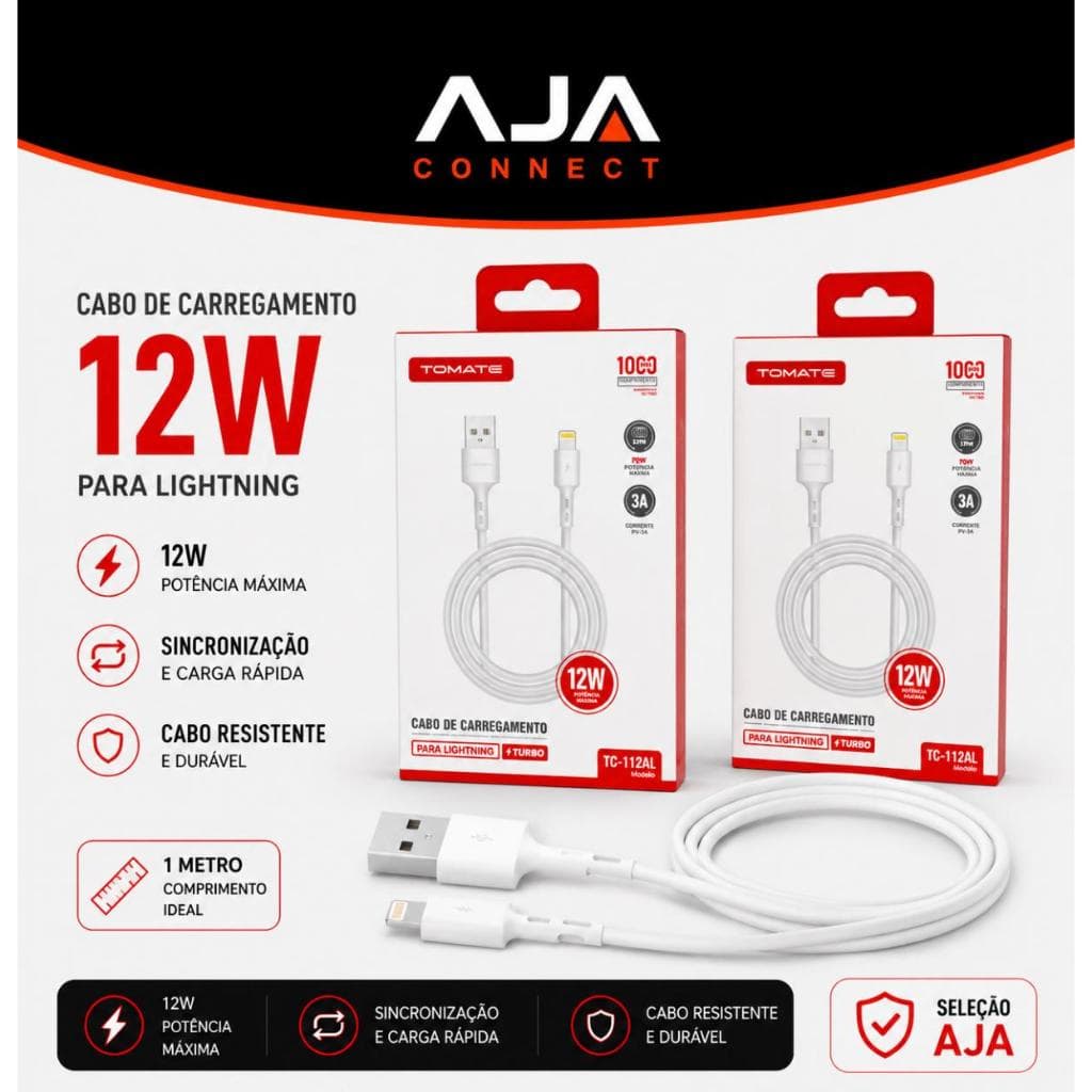Cabo USB Para Lightning TOMATE TC-112AL 3A Turbo 12W 1 Metro Para iPhone e iPad
